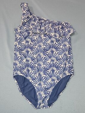 Vineyard Vines Womens One-Shoulder Ruffle Swim Suit - Blue Shell Print. Size MED